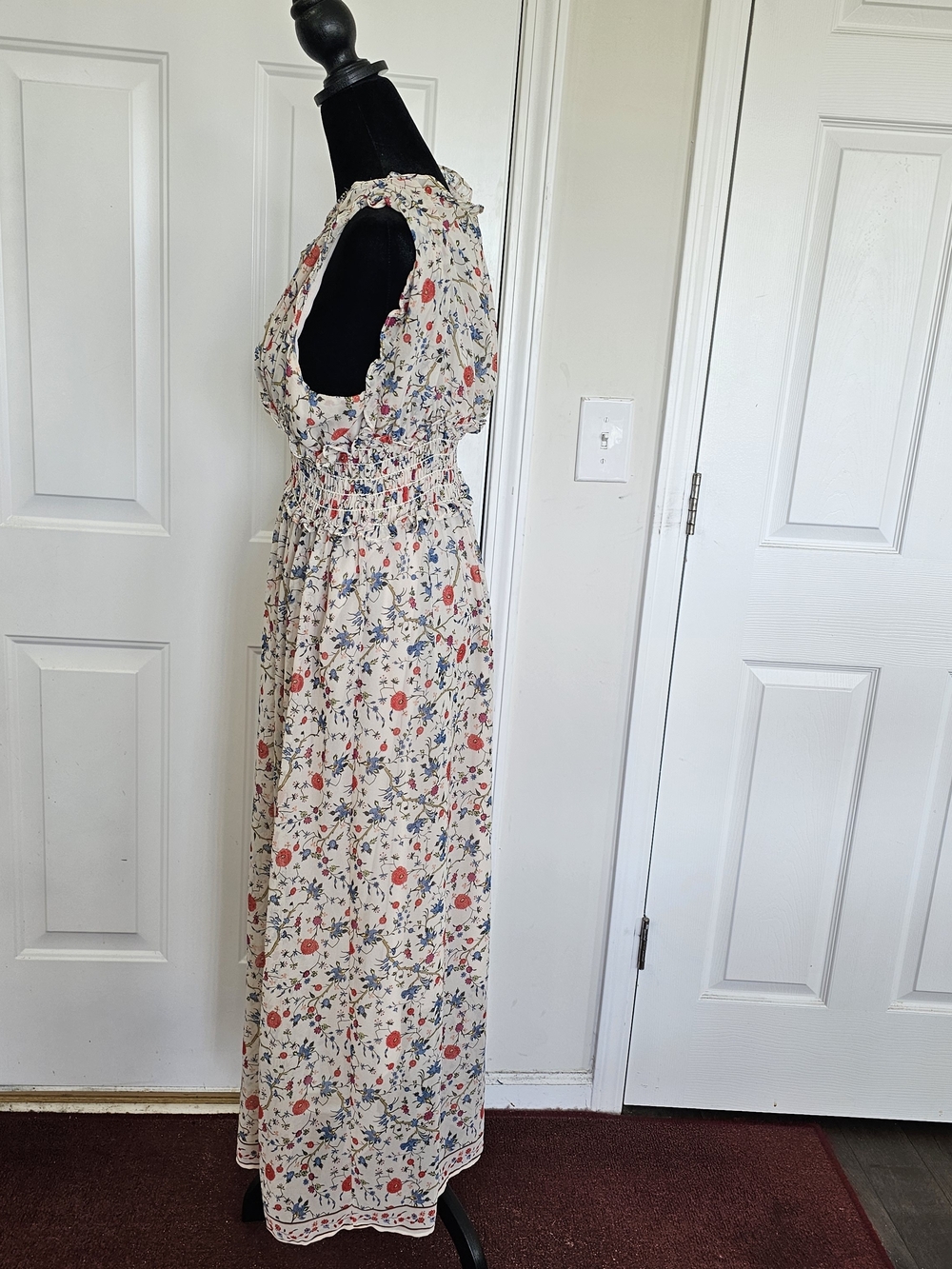 Max Studio Cream Floral Midi Dress with Red & Blue Blooms Size 2 Cottagecore{B26 - Picture 6 of 13